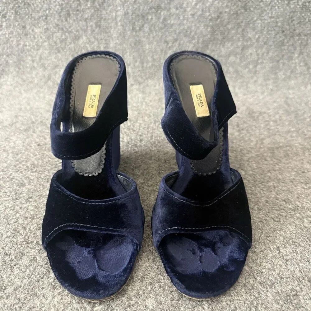 VTG Prada Navy Blue Velvet Wedge Slide Open Toe Mules Sandals Italy 39 Romantic